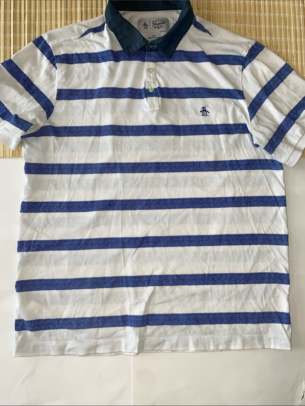 Original Penguin White Polo with Blue Horizontal Stripes